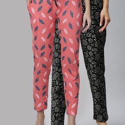 Kryptic Women Pack Of 2 Orange & Black Cotton Printed Lounge Pants-image-37