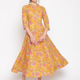 GLAM ROOTS Women Yellow Floral Printed Keyhole Neck Mirror Work Floral Kurta-picture-6