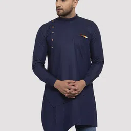 Kaifoo Men Navy Blue Patchwork Asymmetric Kurta-34
