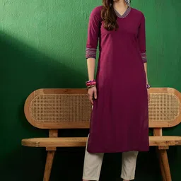 Sangria Burgundy V-Neck Thread Work Pure Cotton Straight Kurta-29