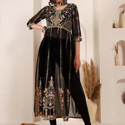 Sangria Black Ethnic Motifs Embroidered Round Neck Georgette Straight Kurta With Dupatta-18