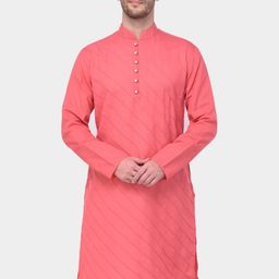 SG LEMAN Men Peach-Coloured Thread Work Kurta-12