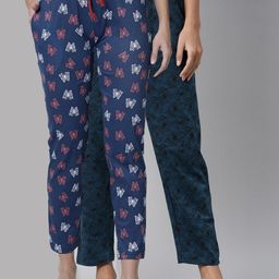 Kryptic Women Navy Blue & Teal Pack Of 2 Printed Pure Cotton Lounge Pants-image-12