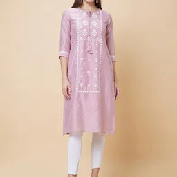 Globus Floral Embroidered Tie-Up Neck Straight Kurta-picture-42