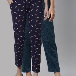 Kryptic Women Navy Blue Pack of 2 Printed Cotton Lounge Pants-image-77