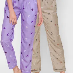 FashionRack Women Purple & Beige Set Of 2 Printed Cotton Lounge Pants-picture-33