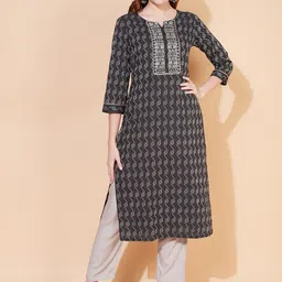 FASHOR Women Black & White Printed Thread Work Straight Kurta-18