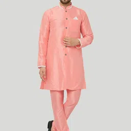 Kaifoo Men Pink Regular Sleeves Thread Work Kurta-41
