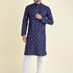 TABARD Men Blue Ethnic Motifs Printed Pure Cotton Kurta-image-59