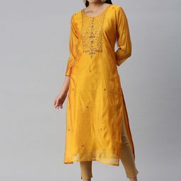 SHOWOFF Women Mustard Yellow & maize Ethnic Motifs Embroidered Thread Work Kurta-image-22