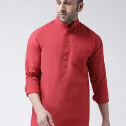 RIAG Men Red Solid Mandarin Collar Long Sleeves Cotton Short Kurta-picture-17