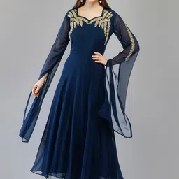 Ziva Fashion Women Blue Embellished Flared Sleeves Georgette Maxi Dress-image-95