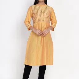 IX IMPRESSION Women Yellow Geometric Yoke Design Flared Sleeves Thread Work Floral Anarkali Kurta-picture-29