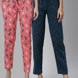 Kryptic Woman Pack Of 2 Orange & Teal Printed 100% Cotton Lounge Pants-image-36