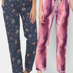 FashionRack Women Pack of 2 Navy Blue & Purple Printed Cotton Lounge Pants-picture-37