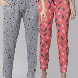Kryptic Woman Pack of 2 Orange & Grey 100% Cotton Printed Lounge Pants-image-72