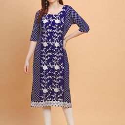 VAIRAGEE Women Navy Blue Floral Printed Flared Sleeves Thread Work Kurta-image-10