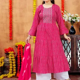 Sangria Girls Red Bandhani Printed Tiered Sequinned Pure Cotton A-Line Kurta-image-45