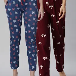 Kryptic Women Navy Blue & Maroon Pack Of 2 Printed Pure Cotton Lounge Pants-image-53