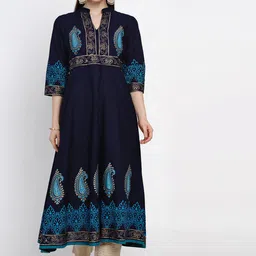 RIYA Women Blue Ethnic Motifs Embroidered Block Print Anarkali Kurta-picture-0