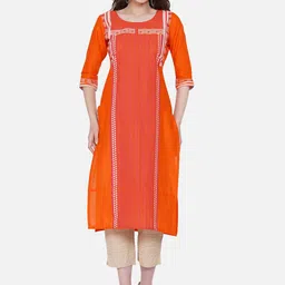 RIYA Women Orange Yoke Design Thread Work Block Print Kurta-54
