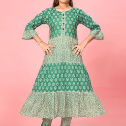Sangria Girls Rama Green Floral Printed Tiered Bell Sleeves Pure Cotton Anarkali Kurtas-34