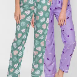 FashionRack Women Pack Of 2 Green & Purple Beatle Leaf Butterfly-Printed Lounge Pants-picture-25