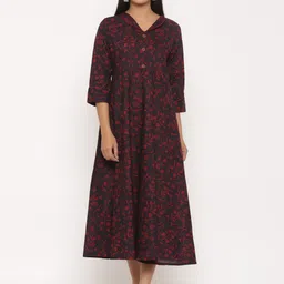 MIRAVAN Maroon Floral Peter Pan Collar A-Line Midi Dress-picture-25