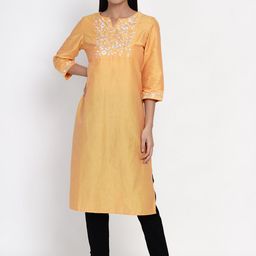 IX IMPRESSION Women Yellow Yoke Design Keyhole Neck Mirror Work Floral Kurta-image-20
