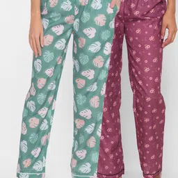 FashionRack Women Pack Of 2 Green & Purple Printed Cotton Lounge Pants-picture-24