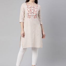 Marcia Women Beige Floral Yoke Design Thread Work Kurta-image-74