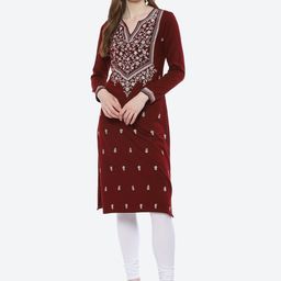 Rangriti Women Maroon Ethnic Motifs Embroidered Kurta-29