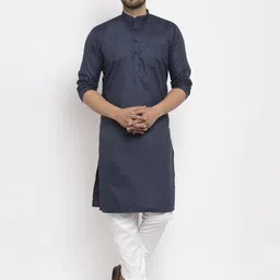 Kaifoo Men Navy Blue Solid Cotton Blend Long Kurta-47