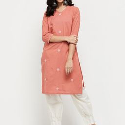 max Women Peach-Coloured Solid Cotton Embroidered Kurta-12