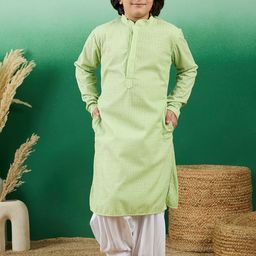 Sangria Boys Green Geometric Embroidered Mandarin Collar Chikankari Cotton Straight Kurta-58