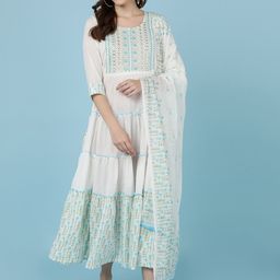 JAIPUR PRIME Women Blue Keyhole Neck Flared Sleeves White Romance Anarkali Kurta-image-23