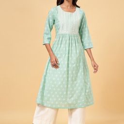 RANGMANCH BY PANTALOONS Ethnic Motifs Printed Sequinned Pastel Pure Cotton A-Line Kurta-2