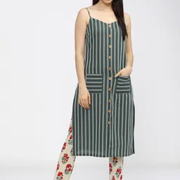 Vishudh Women Olive Green & Off White Striped Thread Work Kurta-image-11