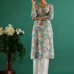 Sangria Blue & Pink Floral Printed V-Neck Cotton Straight Kurtas-picture-19