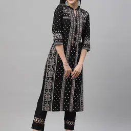 Juniper Women Black Geometric Printed Thread Work Kurta-image-13