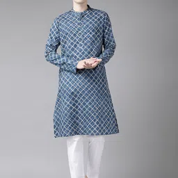 See Designs Men Blue Geometric Checked Kurta-image-36