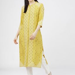 Vishudh Women Yellow & White Geometric Screen Printed Straight Kurta-10