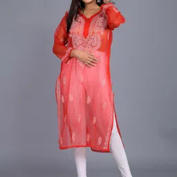 SHOOLIN Ethnic Motifs Embroidered Chikankari Georgette Kurta-image-7