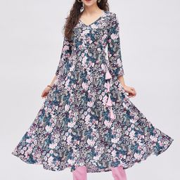 Tissu Women Floral Printed V Neck Angrakha Kurta-image-27