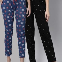 Kryptic Women Pack of 2 Navy Blue & Black Printed Cotton Lounge Pants-image-110