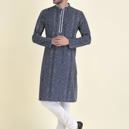 TABARD Men Blue Geometric Printed Mandarin Collar Cotton Kurta-picture-8
