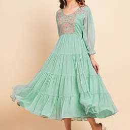 RATAN Self Design Puff Sleeves Embroidered Tiered Chiffon Midi Fit & Flare Dress-image-43