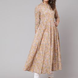 GLAM ROOTS Women Yellow Floral Printed Flared Sleeves Thread Work Floral Anarkali Kurta-image-21