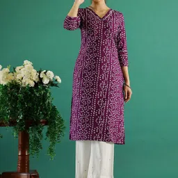 Sangria Purple & White Bandhani Printed V-Neck Cotton Straight Kurtas-37