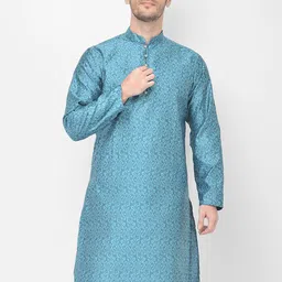 SG LEMAN Men Turquoise Blue Floral Printed Straight Jacquard Kurta-image-61